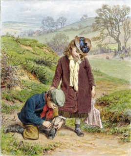 Brother Tying his Sister's Shoe, pub. 1854. Creator: Robert Barnes (1840 - 1895).