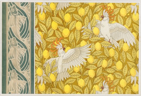 Design for Wallpaper "Cockatoos with Lemons" and Wallpaper Border with "Flying Fish",  pub. 1897. Creator: Maurice Pillard Verneuil (1869?1942).
