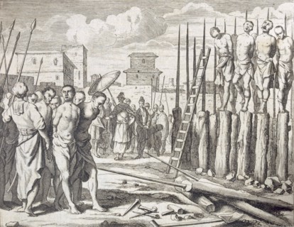 The Impaling of Some rebells?', Punishment: Massacre by impalement, pub. 1672. Creator: Philip Baldaeus (1632-1672).