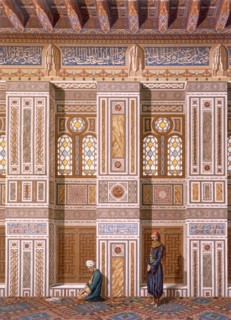 Cairo: Interior of the Mosque of Qaitbay; worshippers pray next to wall niches, or Mihrabs, pub. 187 Creator: Emile Prisse d'Avennes (1807-79).