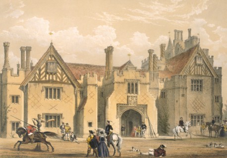Joust practice, Compton Wynyates, Warwick, mid 1600s. Creator: Joseph Nash (1809-78).