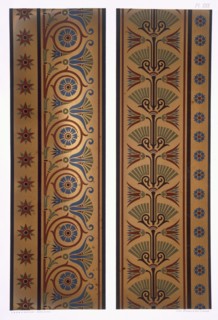 Vertical bands or borders in dark colours on gold ground, pub. 1892. Creator: George Ashdown Audsley (1838-1925).