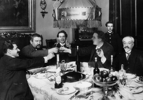 Russian author Alexander Kuprin with friends in Paris, 1930s.  Artist: Anon