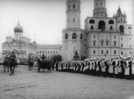 Tsar Nicholas II reviewing the parade of the pupils of Moscow in the Kremlin, Russia, 1912. Artist: K von Hahn