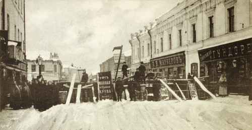 Revolutionary barricades on Seleznevskaya Street, Moscow, Russia, during the uprising in 1905. Artist: Unknown