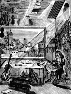 Italian musical instrument maker Antonio Stradivari in his workshop, (1926).  Artist: Aleksey Kravchenko