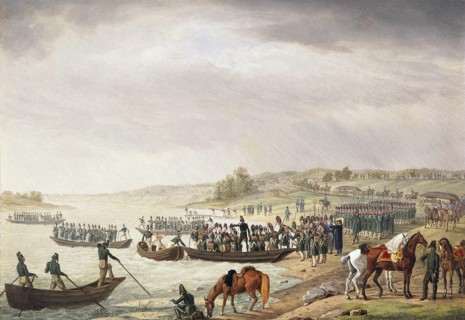 Italian Corps of Eugene de Beauharnais Crossing the Niemen on 30 June 1812, (1815).  Artist: Albrecht Adam