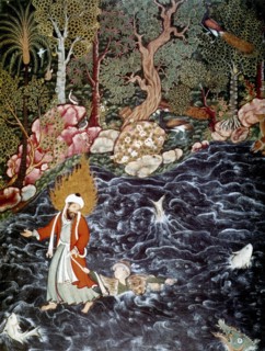 The prophet Elijah rescuing Prince Nur ad-Dahr, 1562-1577.  Artist: Mir Sayyid Ali
