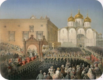 Procession of of Tsarina Alexandra Feodorovna to the Cathedral of the Dormition, Moscow, 1856. Artist: Mihály Zichy