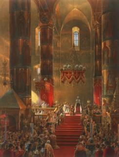 The Metropolitan genuflects at the coronation ceremony of Tsar Alexander II, Moscow, 1856.  Artist: Georg Wilhelm Timm