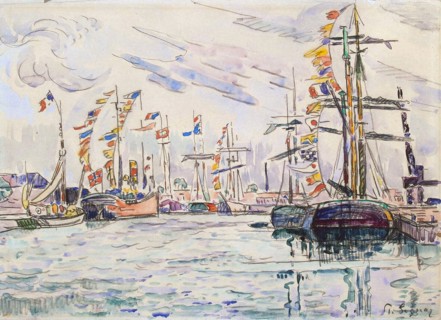 'Sailboats with Holiday Flags at a Pier in Saint-Malo', 1920s.  Artist: Paul Signac