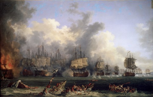 'The Sinking of the Russian Battleship St. Evstafius in the naval Battle of Chesma', 1771.  Artist: Jacob Philip Hackert