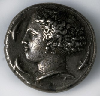 Silver tetradrachma from Syracuse (obverse: a goddess with dolphins), 5th-4th century BC. Artist: Unknown