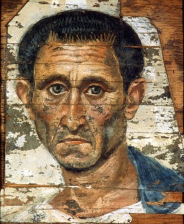 Portrait of a middle-aged man in a blue cloak, Romano-Egyptian mummy portrait, late 1st century. Artist: Unknown
