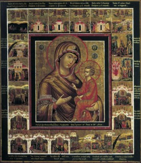The Virgin of Tikhvin with Border Scenes, first quarter of 19th century. Creator: Russian icon.