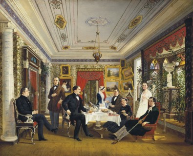 At the Tea Table', 1851. Creator: Voloskov, Alexei Yakovlevich (1822-1882).