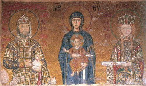The Virgin with Child between emperor John II Comnenus and his wife, Irene, c1118.  Creator: Byzantine Master.