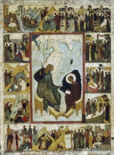 Saint John the Evangelist on Patmos with Scenes from His Life, early 16th century. Creator: Russian icon.