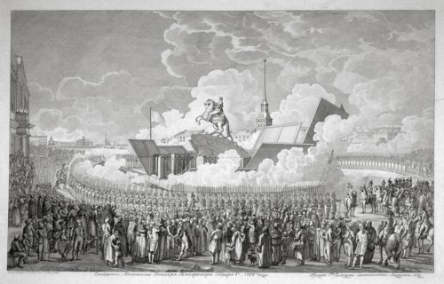 Opening of the equestrian statue of Peter the Great on Senate Square St. Petersburg in 1782, early 1 Creator: Melnikov, Alexey Kupriyanovich (19th century).