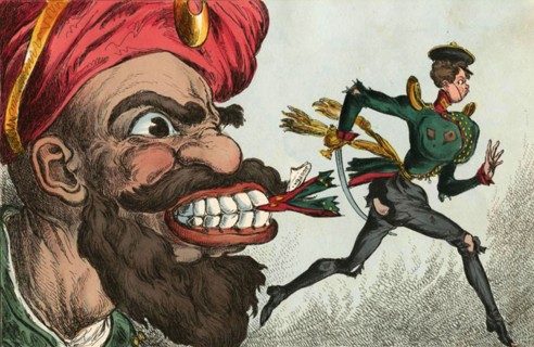 The beginning of the Crimean war by eyes of the West European caricaturist, 1850s.  Creator: Heath, William (1795-1840).