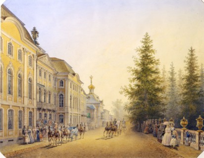 'The Main Entrance of the Great Palace in the Peterhof', 1852. Artist: Vasilij Semenovic Sadovnikov