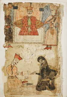 Rustaveli dictates his poem to a chancellor. Illustration to the poem The Knight in the Panther's Skin by Shota Rustaveli, Mid of 17th cen.. Artist: Tavakalashvili, Mamuka (1611-1657)