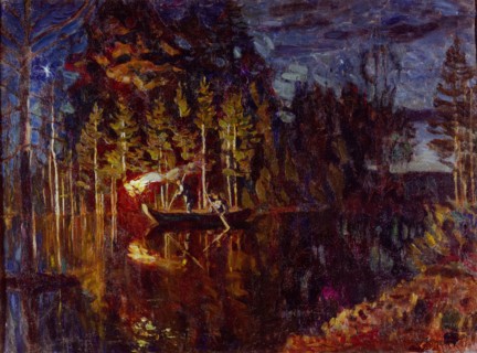 Night spear fishing in spring, 1916. Artist: Zhukovsky, Stanislav Yulianovich (1873-1944)
