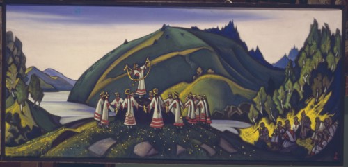 Stage design for the ballet The Rite of Spring (Le Sacre du Printemps) by I. Stravinsky, 1945. Artist: Roerich, Nicholas (1874-1947)