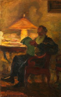 Leo Tolstoy with a newspaper, 1901. Artist: Pasternak, Leonid Osipovich (1862-1945)