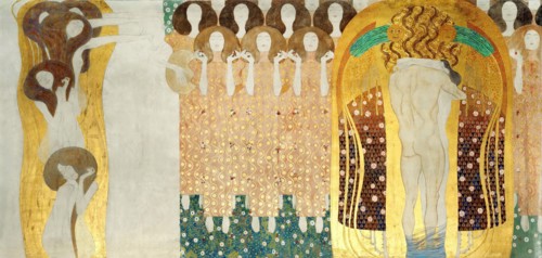 The Beethoven Frieze, Detail: The Arts, Chorus of Paradise, Embrace, 1902. Artist: Klimt, Gustav (1862-1918)