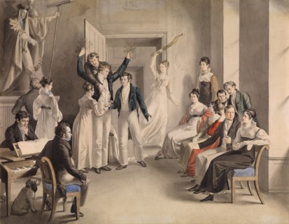 Franz Schubert (1797-1828). Party game of the Schubertians in Atzenbrugg, 1821. Artist: Kupelwieser, Leopold (1796-1862)