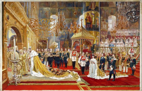 Coronation of Empreror Alexander III and Empress Maria Fyodorovna, 1883-1888. Artist: Becker, Georges (1845-1909)