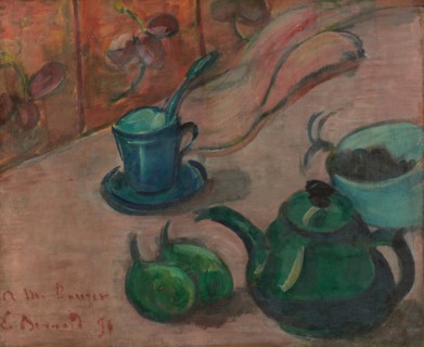 Still life with teapot, cup and fruit, 1890. Artist: Bernard, Émile (1868-1941)