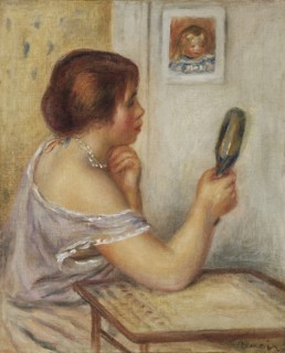 Marie Dupuis tenant un miroir avec un portrait de Coco. Artist: Renoir, Pierre Auguste (1841-1919)