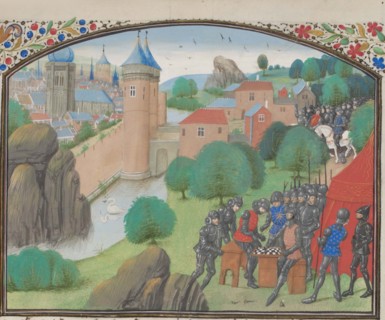 Soldiers playing dice before the city of Caesarea. Miniature from the Historia by William of Tyre, 1460s. Artist: Anonymous