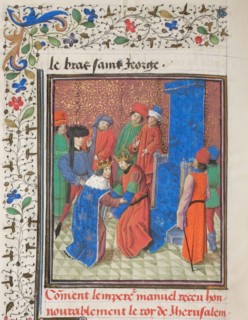 Emperor Manuel I Komnenos meets with king Amalric I of Jerusalem. Miniature from the Historia by William of Tyre, 1460s. Artist: Anonymous