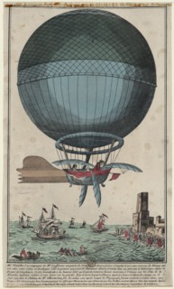 Jean Pierre Blanchard and John Jefferies arriving in Calais after crossing the English Channel in a hot air balloon, 1785. Artist: Anonymous