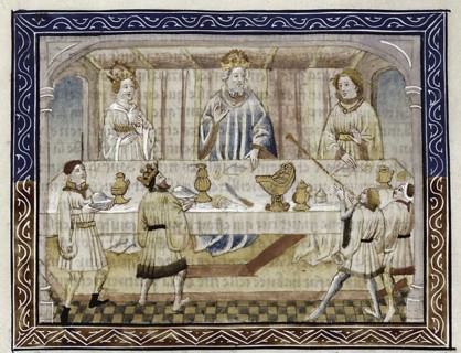 Caesar Augustus, his wife and son at table (From: Jean Hayton, Fleur des histoires de la terre d'Orient), c.1410. Artist: Master of Berry Apocalypse (active 1400-1415)