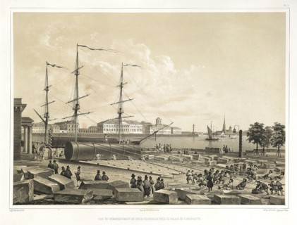 Unloading two column at the Admiralty (From: The Construction of the Saint Isaac's Cathedral), 1845. Artist: Montferrand, Auguste, de (1786-1858)