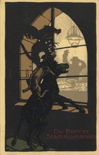 Title design of the book Town Musicians of Bremen by the Brothers Grimm, 1910s. Artist: Anonymous