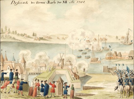 Charles XII is crossing the Düna 1701, 1770-1780s. Artist: Brotze, Johann Christoph (1742-1823)