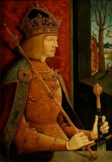 Emperor Maximilian I (1459-1519), with crown, sceptre, and sword, c. 1500. Artist: Strigel, Bernhard (ca 1460-1528)