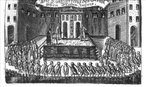 Blessing of the Russian New Year (from Georg Adam Schleissing Derer beyden Czaaren in Reussland Iwan und Peter Alexewiz), 1693. Artist: Anonymous
