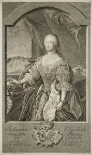 Portrait of Johanna-Elizabeth, Electress of Anhalt-Zerbst (1712-1760), Mother of Catherine II, 1756. Artist: Bernigeroth, Johann Martin (1713-1767)