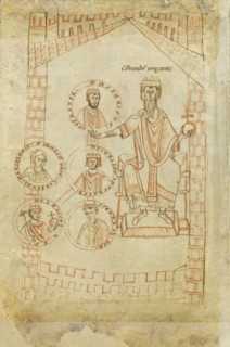 Salian Dynasty Family Tree: Conrad II, Henry III, Henry IV, his wife Eupraxia of Kiev, Henry V, 12th century. Artist: Ekkehard of Aura (?-1126)