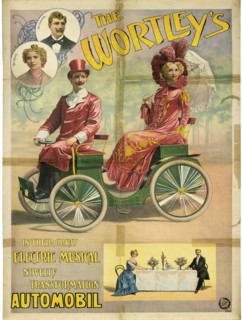 The Wortley's in their great electric musical novelty transformation Automobil, 1896. Artist: Friedländer, Adolph (1851-1904)