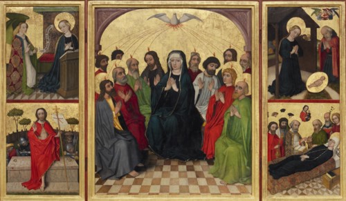 Retable of the Holy Spirit (open). Pentecost, Annunciation, Nativity, Resurrection of Christ and Death of the Virgin, c. 1448. Artist: Workshop of the Wolfgang Retable (ca 1448-1449)