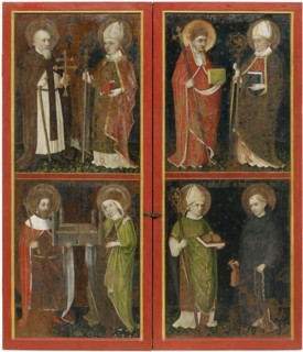 Anthony the Abbot and Erhard of Regensburg Sixtus II and Servatius Henry II and Cunigunde Saint Nicholas and Leonard, c. 1448. Artist: Workshop of the Wolfgang Retable (ca 1448-1449)