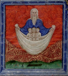 God the Father with three souls, being raised from the dead (Book of Hours), c.1410. Artist: Scheerre, Herman (active c. 1405-1425)