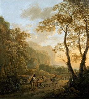 Landscape with Resting Travellers and Oxcart, c. 1645. Artist: Both, Jan Dirksz (ca 1618-1652)